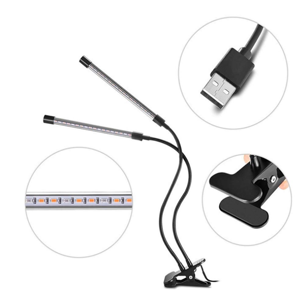Luces de cultivo LED, lámparas de cultivo de plantas de doble cabeza de 18 vatios para plantas de interior, bombillas de espectro completo, cuello de cisne ajustable con clip de escritorio