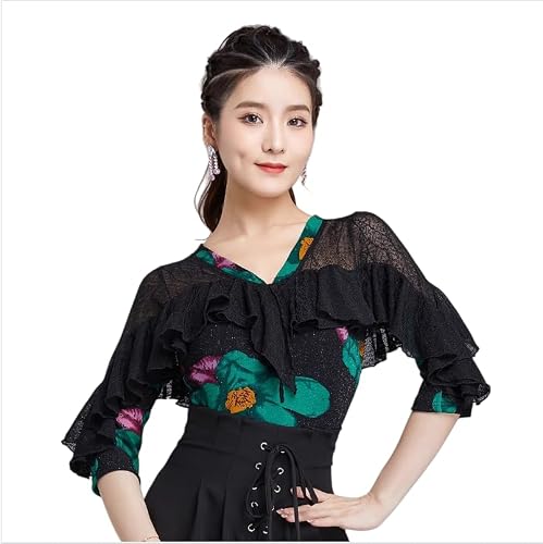 Yhhsgscr Adult V Neck Latin Ballroom Dance Top Ruffle Three Quarter Sleeve Modern Dancewear Floral Tango Practice Costume,Green,XL