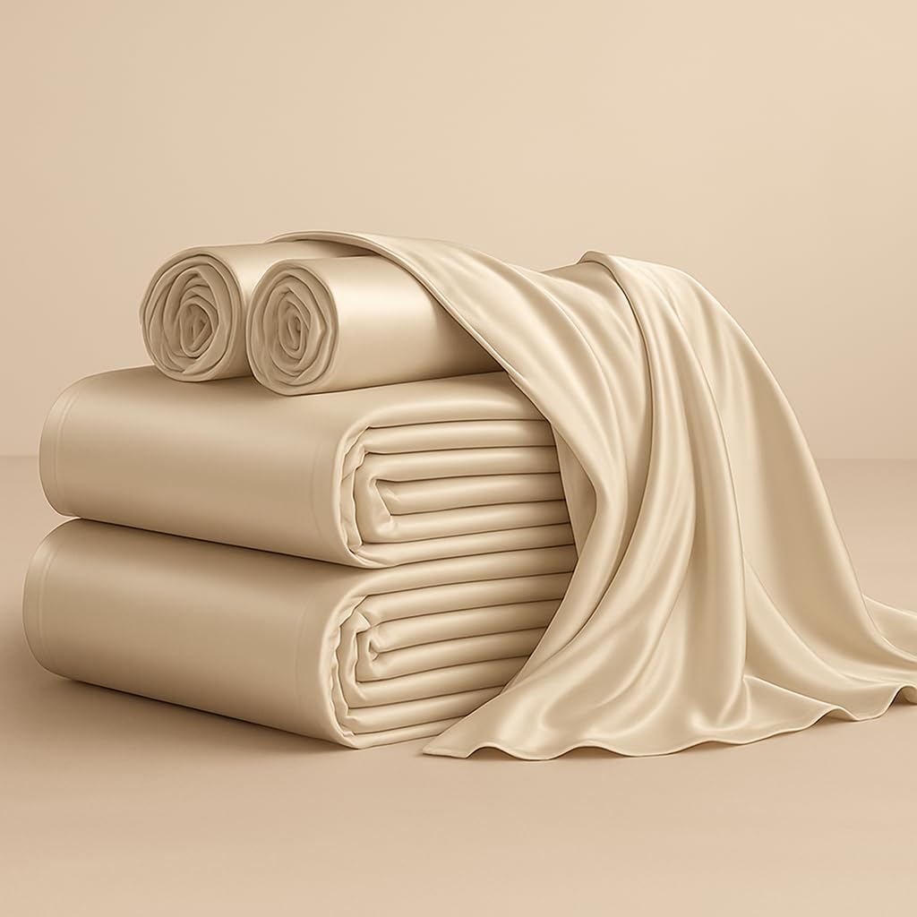 jaycorner Sheet Set 4-PCs, 6A Grade Natural Mulberry Silk, Pure Silk Bed Sheets Queen Beige