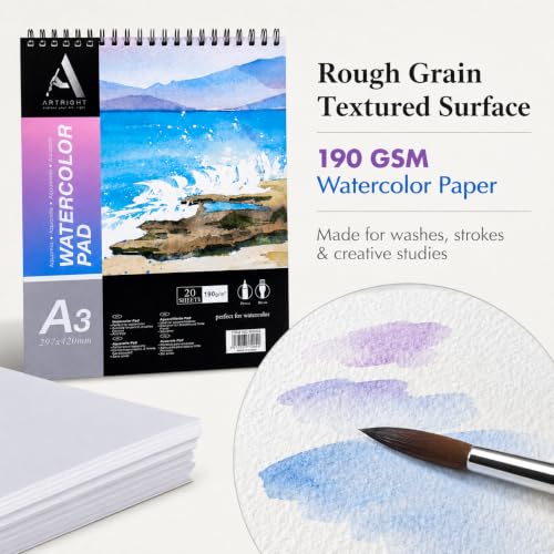 Image of ArtRight Artists' Watercolor Paper Pad A3 190 GSM - 20 Sheets of Handmade Rough Grain Water Colour Papers, Ideal for Artist, Professional Drawing, Painting Dry & Wet, Fine Art, School, Student, Watercolor