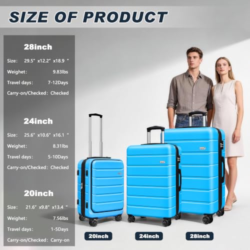Image of KEYTANG SmileLine 3-Piece Luggage Set Lightweight Hardside Suitcase TSA Lock Spinner Wheels, 20 inch Expandable Carry-On Luggage with Quick Access Front Open Pocket, Bonus Makeup Bag,Blue