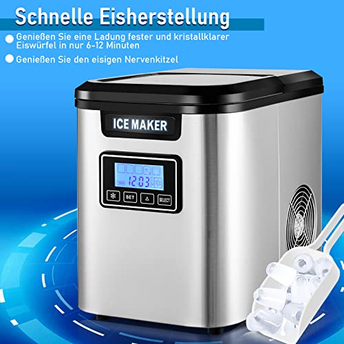 Cecaylie Eiswürfelbereiter 150W Eiswürfelmaschine Edelstahl Ice Maker 12kg 24h 3 Würfelgrößen 2.2 Liter Wassertank mit… – Bild 6