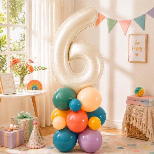Image of 40 Inch Boho Rainbow Number 6 Balloon Tower for 6th Birthday Decorations