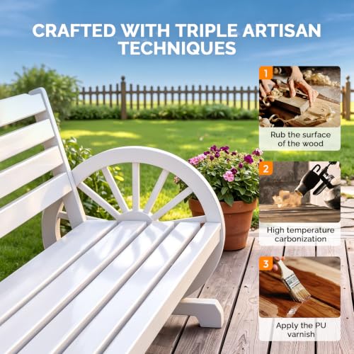Image of VINGLI Rustic Wooden Wheel Bench Outdoor Bench, Patio Bench Wagon Slatted Seat, Garden Benches for Outdoors 350lbs High Capacity, Weather Resistance (White, 55in)