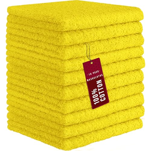 Image of DecorRack 10 Pack 100% Cotton Wash Cloth, Luxurious Soft, 12 x 12 inch Ultra Absorbent, Machine Washable Washcloths, Yellow (10 Pack)
