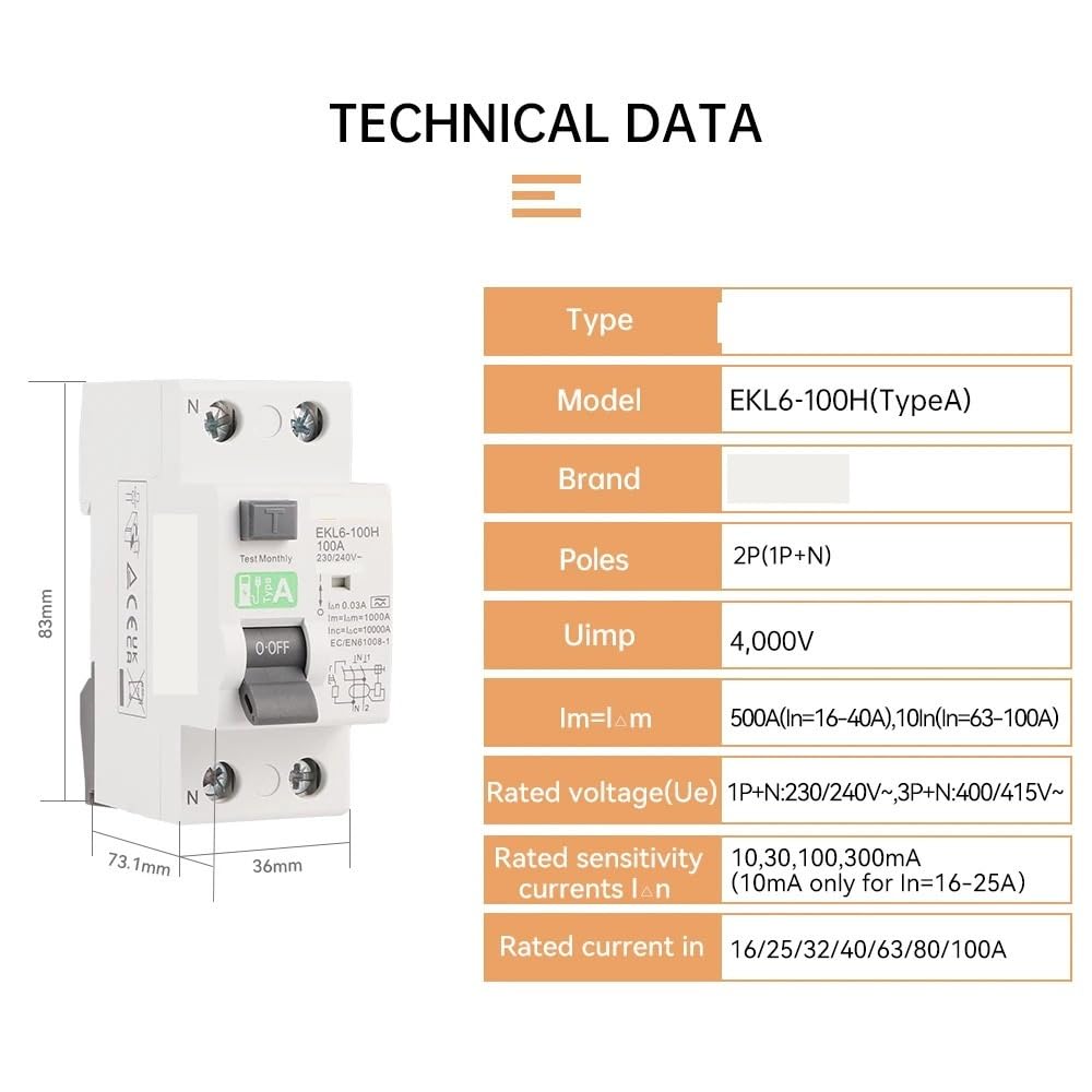 Residual Current Circuit Breaker A Type 30mA 2P?1p+n? Electromechanic Type A 25A 32A 40A 63A 80A 100A EKL6-100H(2,25A)