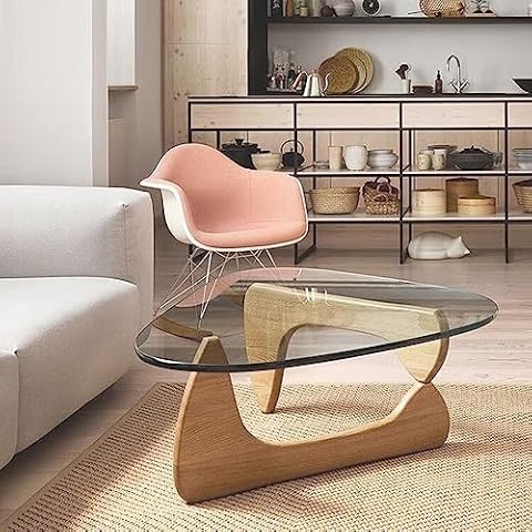 Coffee Tables for Living Room - Triangle Glass Coffee Table with Wooden Base Mid-Century Modern Abstract End Table for Study Room Office Hotel Balcony (Wood Transparent, Medium 35.8 * 25.5 * 16in) Cover