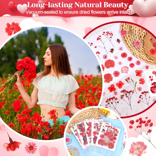 Image of Pressed Dried Flowers for Resin, Natural Real Dried Pressed Flowers for Crafts, Bulk Dry Flowers for Resin Molds, Candles, DIY Art Jewelry Making with Tweezers (Red Love Pressed Flowers)