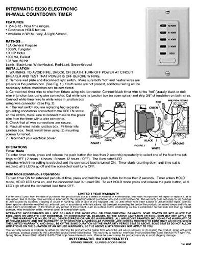 Intermatic Ei230 2/4/8/12 Hour Spst 1800-Watt Electronic In-Wall Countdown Timer, Ivory #TOP1