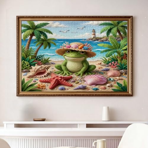 Rompecabezas de rana de playa de 1000 piezas, puzzle de madera con palmeras tropicales 4