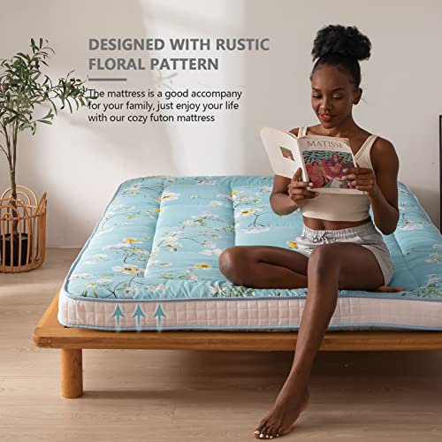 Maxyoyo Rustic Floral Korean Futon Mattress, Padded Japanese Floor Mattress Quilted Bed Mattress Topper, Extra Thick Folding Sleeping Pad Breathable Floor Lounger Guest Bed For Camping Couch, Queen #TOP2