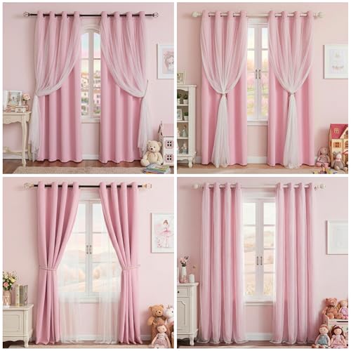 Image of MYSKY HOME Light Pink Blackout Curtains for Girls Bedroom 52Wx84L,2 Panels | Baby Pink Blackout Curtains with Polka Dots Sheer Overlay, Grommet Tops,Double Layer,for Nursery Kids Bedroom Living Room