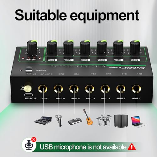 Aveek 6 Channel Mixer - Mini 6 Stereo Audio Mixer, Low-Noise for Precision Sub-Mixing,1/4" TRS Input/Output Ideal for Mics/Guitars/Bass/Stage - Image 3