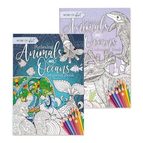 Sixstore Colour Therapy - Set di 2 libri da colorare rilassanti, antistress, per adulti, motivo: animali e oceani, formato A4