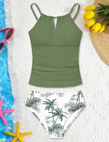 Image of Girls Swimsuit Halterneck 2 Piece Girl Swimsuit with Floral Print Shorts Ruched Girls Tankini Swimsuit 11-18 Years