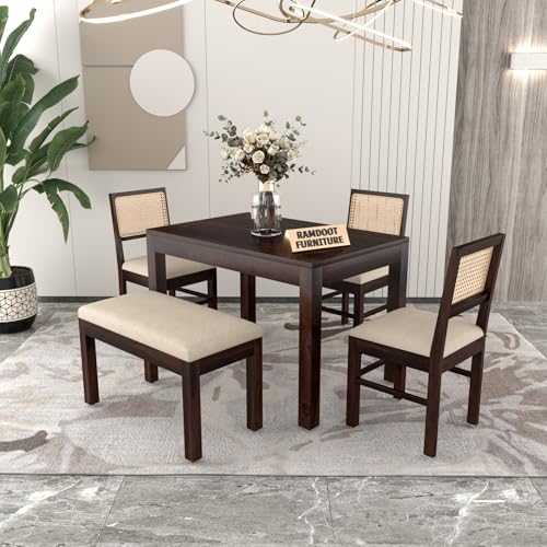 Image of Solid Wood Cane 4 Seater Dining Table Set | Four Seater Dining Table with 3 Cushions Chairs & 1 Bench for Dining Room | 4 Seater Dining Set for Hotel Restaurant | Sheesham, C-Walnut