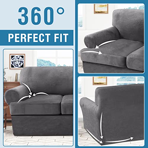 H.Versailtex PART-HVYHTSOFA3R-3GREY 4 Piece T Cushion Sofa Slipcovers Thick Velvet Stretch Couch Cover Furniture Protector thumb #7