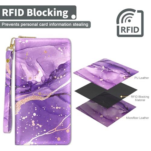 Nipichsha Womens Wallet, RFID Wristlet Wallet for Women, Cute Ladies Purse, Large Credit Card Clutch Purse, Leather Card Holder Wallets with Zipper & Phone Holder, Purple Gilt Marble4