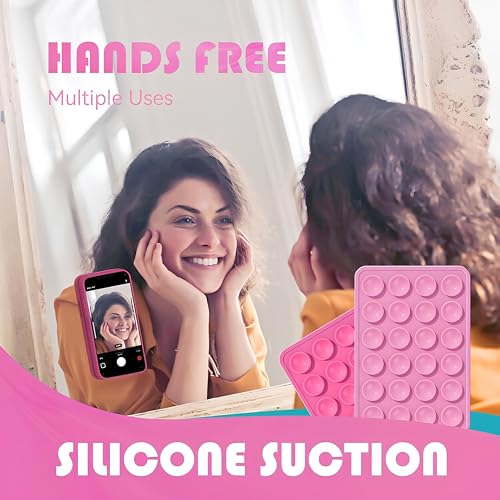 Image of Suction Phone Case, Phone Suction Sticker, Silicone Anti-Slip Silicone Multipurpose Hands-Free Sticky Pads Grip, Videos Mirror Shower (Black & Pink)