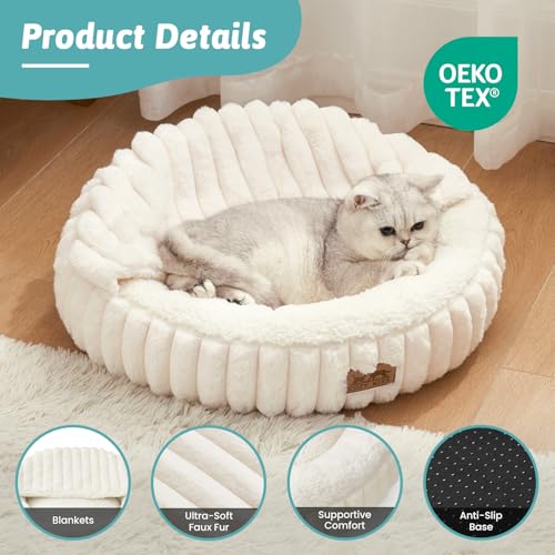 Cat Bed with Hooded Blanket, Round Fluffy Anti-Anxiety Pet Bed for Cats/Toy Breed Dogs, Cozy Donut Cuddler with Machine Washable Faux Fur & Anti-Slip Bottom(20"×20"×6",Cream) - Image 5