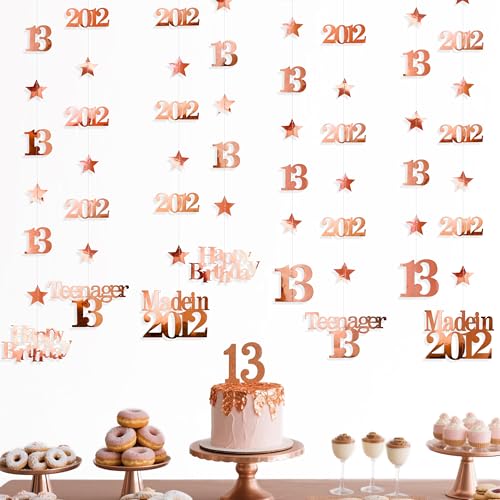 Image of 12PCS Rose Gold 13th Birthday Decorations Number 13 and 2012 Star Garland Streamer Banner Backdrop for Girls Cheers to 13 Years Birthday Vintage Made in 2012 Official Teenager Party Decor Supplies