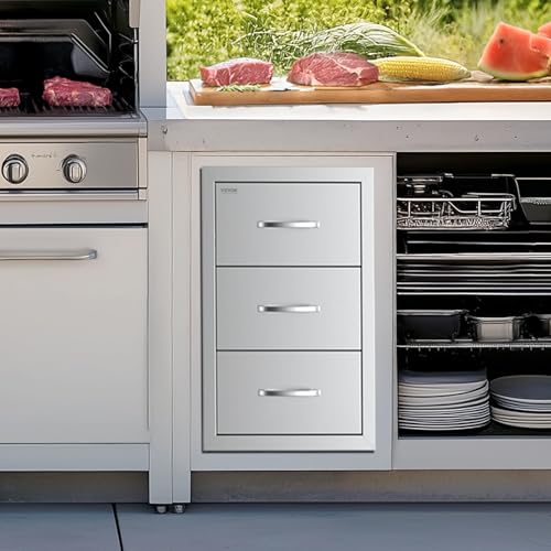 Image of VEVOR Outdoor Kitchen Drawers, 16.5 inch W x 29 inch H x 20.5 inch D Triple Access Drawers, Stainless Steel Flush Mount Cabinets, BBQ Island Storage with Paper Towel Holder & Handle, for Patio Grill Station