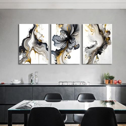 Image of 3Pcs Framed Black and Gold Abstract Wall Art, Modern Grey and Gold Marble Fluid Canvas Wall Art Prints Posters Wall Decor Pictures for Living Room Bedroom Office Home Decoration,Ready to hang