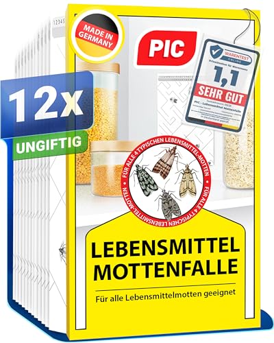 PIC Lebensmittelmotten Falle - 12 Lebensmittelmottenfallen - Mottenfalle mit Pheromon für ideale Wirkung - Mottenfalle Lebensmittel - Effektive Klebefallen zur Befallsermittlung von Lebensmittelmotten