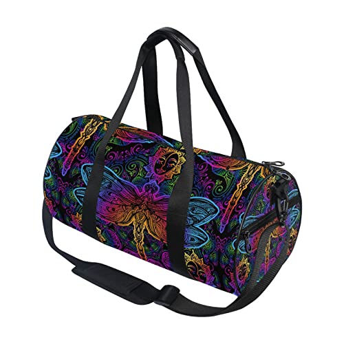 Indian Mandala Dragonfly Sun Flower Blue Pink Gradient on Black Duffel Bag, Foldable Canvas Travel Tote for Gym Sports with Inner Pockets, Durable Lightweight Fitness Bag for Overnight Workout3