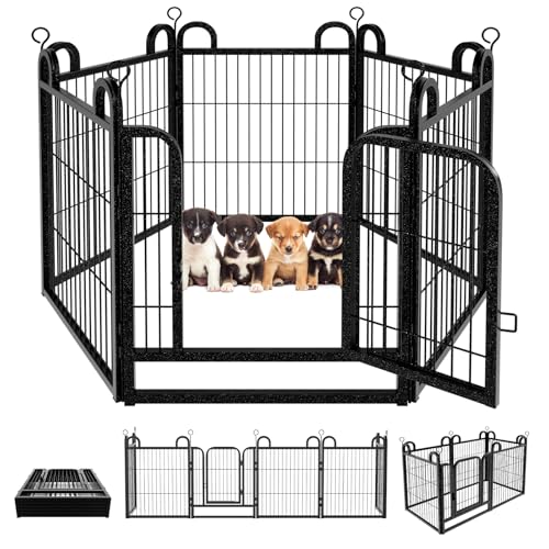 Image of Puppy Playpen 6 Panels Small Dog Fence Outdoor Indoor Use 24 inch Height | Anti-Rust with Doors Portable Dog Play Pen for RV Camping Yard, Total 11FT, 10 Sq.ft, Snowy Black