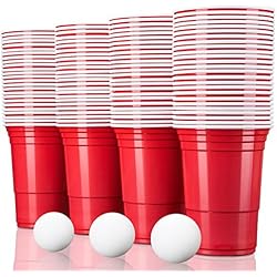 Vaso Americano Carrefour TRESKO® Vaso para fiestas vaso de plástico, vaso de plástico para bebidas, para refrescos cerveza Cola cócteles cerveza botellón beer pong, rojo, 473 ml de capacidad (50 Pcs con 6 Bolas)