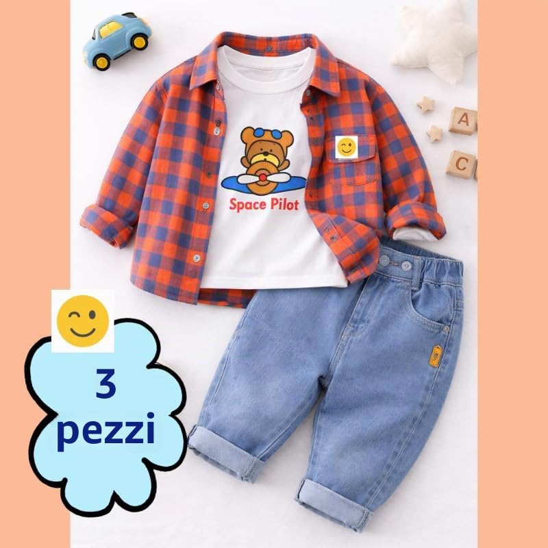 OrJana Set Abbigliamento Bambino 3 Pezzi, Camicia a Quadri, T-Shirt Bianca manica lunga, Jeans Blu