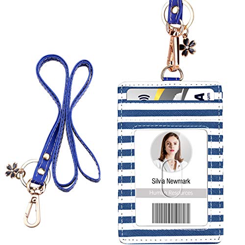 ID Badge Holder with Lanyard, Vertical PU Leather ID Badge Card Holder with 1 Clear ID Window, 4 Credit Card Slots and a Detachable Neck Lanyard (Stripe)