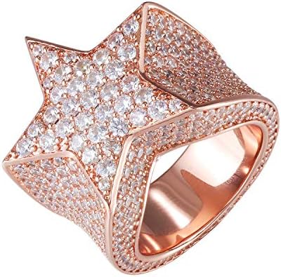 TRIPOD JEWELRY Hip Hop Rose Golden Plated Mens Star Ring Iced Out Star Punky Ring CZ Simulated Diamond Ring Wedding Engagement Band Ring (Rose Gold, 7)
