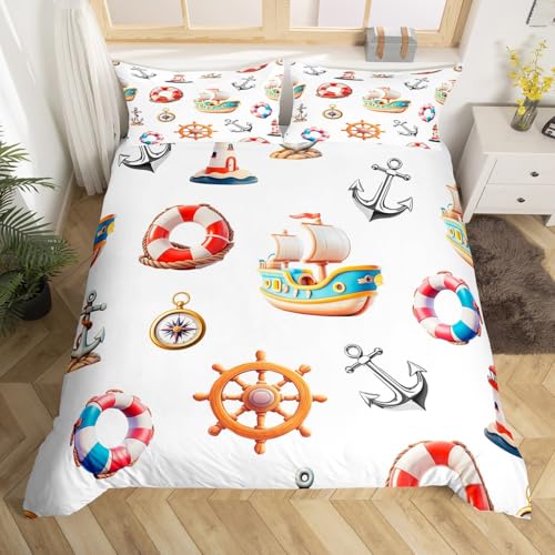 jejeloiu Kids Anchor Decor Comforter Cover Toddler Size, Nautical Theme Duvet Cover Ocean Bedding Set Boys Girls Coastal Teens Bedspread Cover Bedroom Decor Quilt Cover 2Pcs (No Comforter)