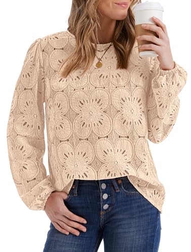 Image of OFEEFAN Blouses for Women Dressy Casual Spring Tops 2026 Summer Outfits Flower Lace Crochet Long Sleeve Shirts
