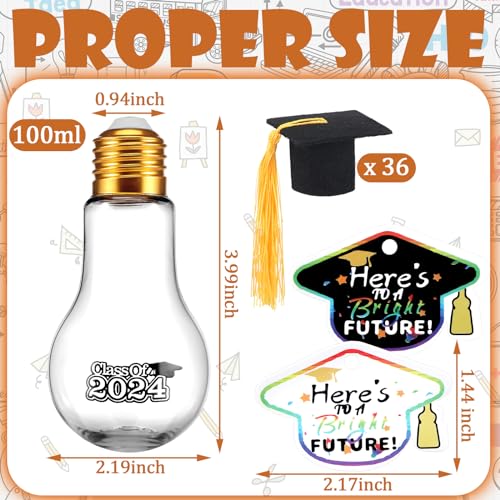 FoldTier 36 Pcs 100 ml Plastic Light Bulb Jars with Graduation Card and Hat 2024 Kindergarten Graduation Party Favors Graduation Plastic Light Bulb Fillable Candy Containers