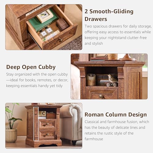 Image of Nightstand Set of 2, 18 inchWooden End Table with Charging Station Roman Column