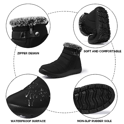 SHIBEVER Women Winter Snow Boots: Black Waterproof Walking Booties Non Slip Fur Lined Warm Outdoor Ankle Short Boot2