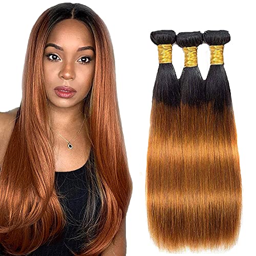 Cheap Ombre Bundles Brown Ombre Weave Human Hair 1b/30 Two Tone Straight Bundle 100% Unprocessed Brazilian Virgin Human Hair 3 Bundles Remy Human Hair Extension(10 12 14)Inch