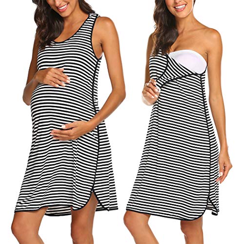 Image of Ekouaer Women's Maternity Sleeveless Dress Striped Nightgown Pregnancy Gown for Breastfeeding
