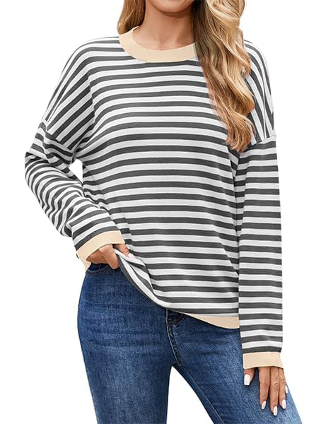 WANGZHI Womens Sweater Casual Knitted Striped Sweatshirt Long Sleeve Lightweight Cute Pullover Tops Trendy 2025 Fall