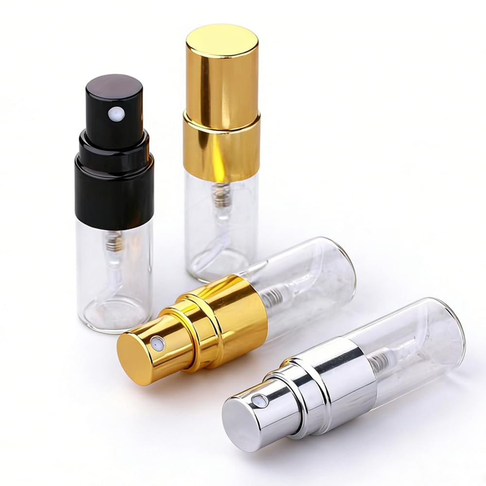 100 Unidades Botellas de Vidrio Transparente Vacías 2/3/5/10ml con Atomizador Tapa de Aluminio Hermética, Dispensadores Portátiles Perfume (Tapón negro,5ml,100)