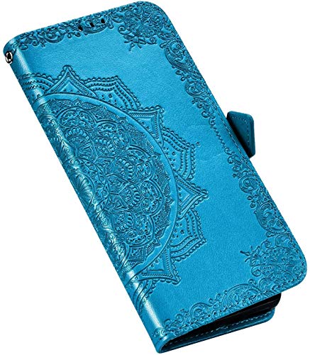 QPOLLY Hülle Kompatibel mit LG K50,LG Q60 Hülle Leder Handy Tasche Brieftasche Flip Wallet Case Schutzhülle Mandala Blumen Muster Klapphülle mit Standfunktion für LG K50/Q60,Blau