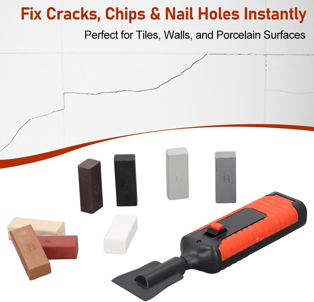Tile Repair Kit for Porcelain and Tile Ceramic Repair - Fix Cracks, Chips in Bathroom Kitchen Tiles - Includes Electric Heating Pen and Wax 8 Colors Wax Blocks
