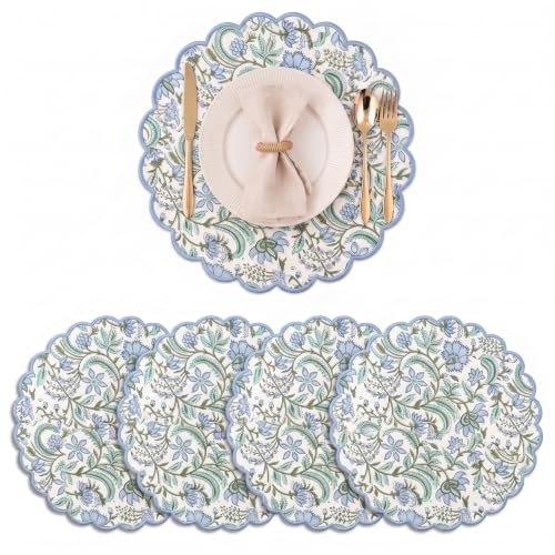 Ridhi Floral Block Print Round Placemats 15 Inch, Set of 4, Columbia Blue