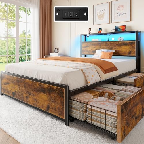 Rolanstar Twin Bed Frame with 4 Storage Drawers, Charging Station and LED Lights, Metal Platform Bed with 2-Tier Storage Headboard, No Box Spring Needed, Easy Assembly, Noise-Free, Rustic Brown