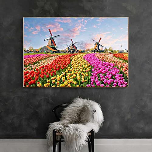 Amazon｜ポスター絵画 チューリップの花オランダ風車風景風景画