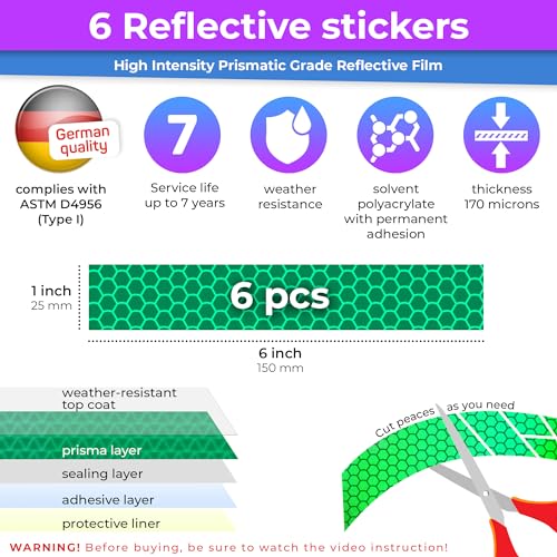 Image of LOOM Reflective Stickers for Helmet | 6pcs Prism Green | Similar to 3M Reflective Tape | Bike Reflectors for Night Riding, Mailbox reflectors | Waterproof hi vis Decals for Car, Trailer