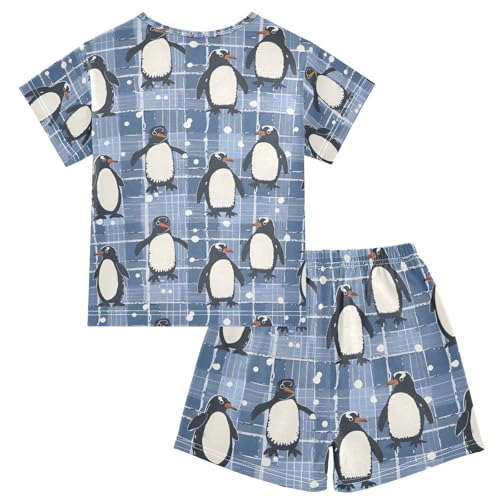ALAZA Penguin Plaid Christmas Blue Pajamas Set Short Sleeve Cotton Sleepwear Summer Pjs 2 Piece 5-14Y2